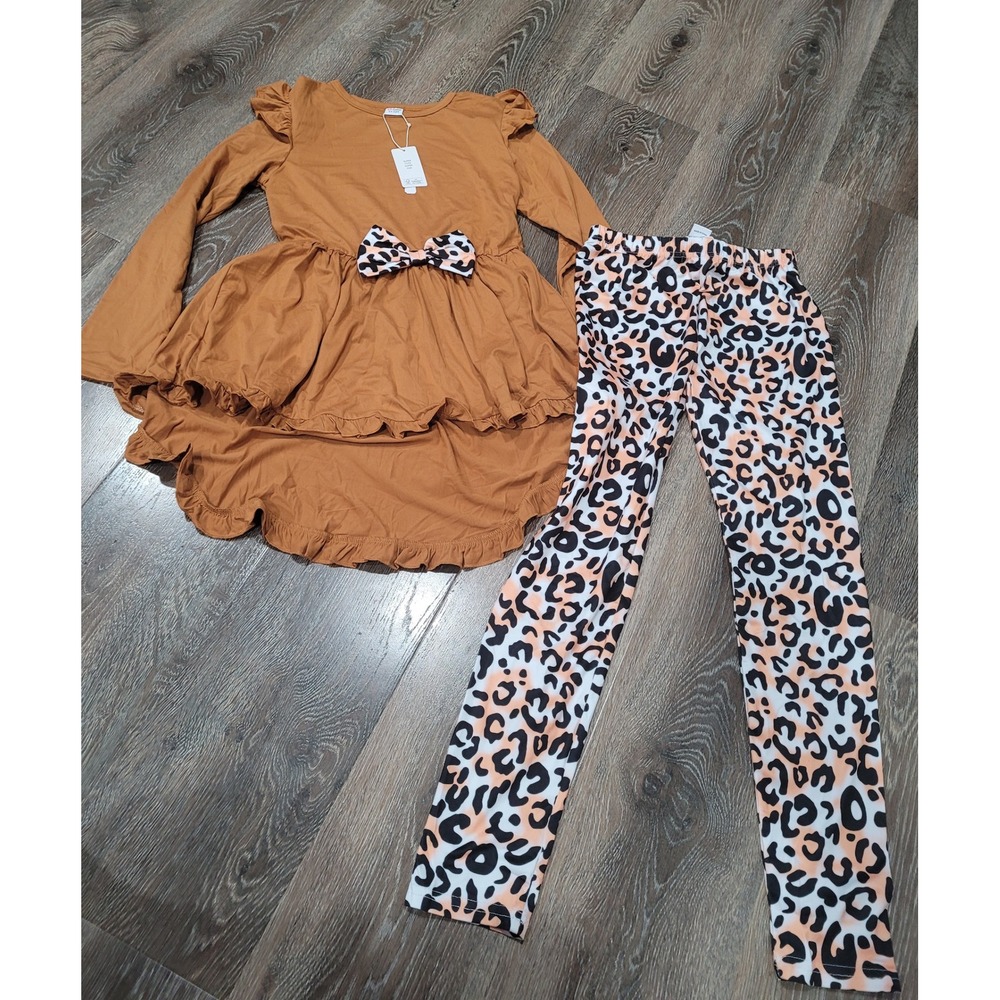 PatPat Girls Outfit Set Leopard Print Dressy Casual Ruffle Bow 11-12Y #R